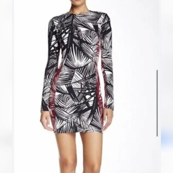 Elizabeth James Dress Mailyn Palm Leaf Stretch Black White Long Sleeve S… - Picture 4 of 12